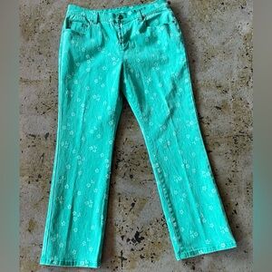 DG2 by Diane Gilman Teal Floral Patterned Denim Long Pants Size 12P